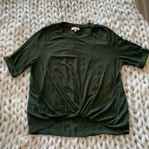 Hunter green blouse, shirt, high low, twist